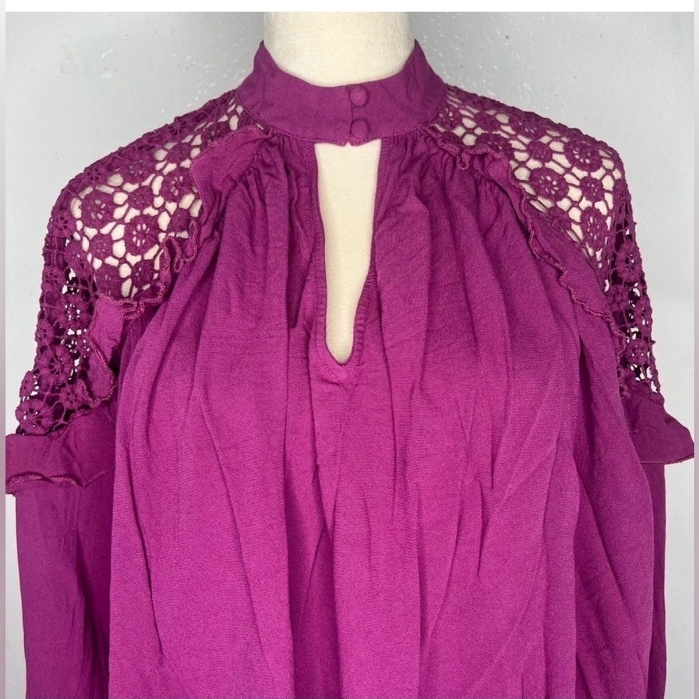 FREE PEOPLE Little Bit Of Love Blouse Raspberry Ruffle Crochet Top Size XS